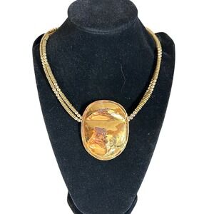 VTG 1989 Signed Studio Modernist Necklace – Large Amber Resin Pendant – Artisan